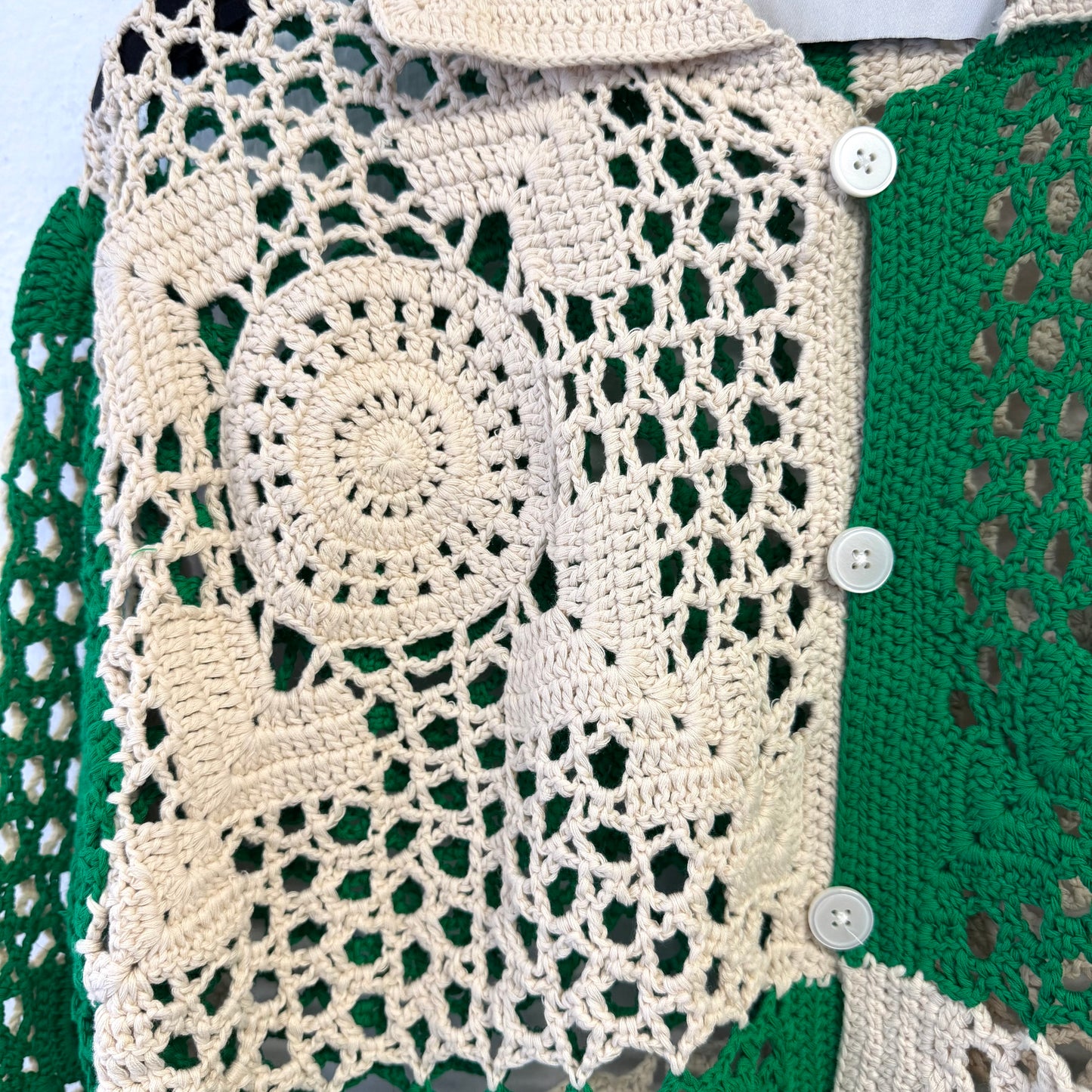 BODE Duotone Crochet Overshirt Green Cream M/L Knit Shirt