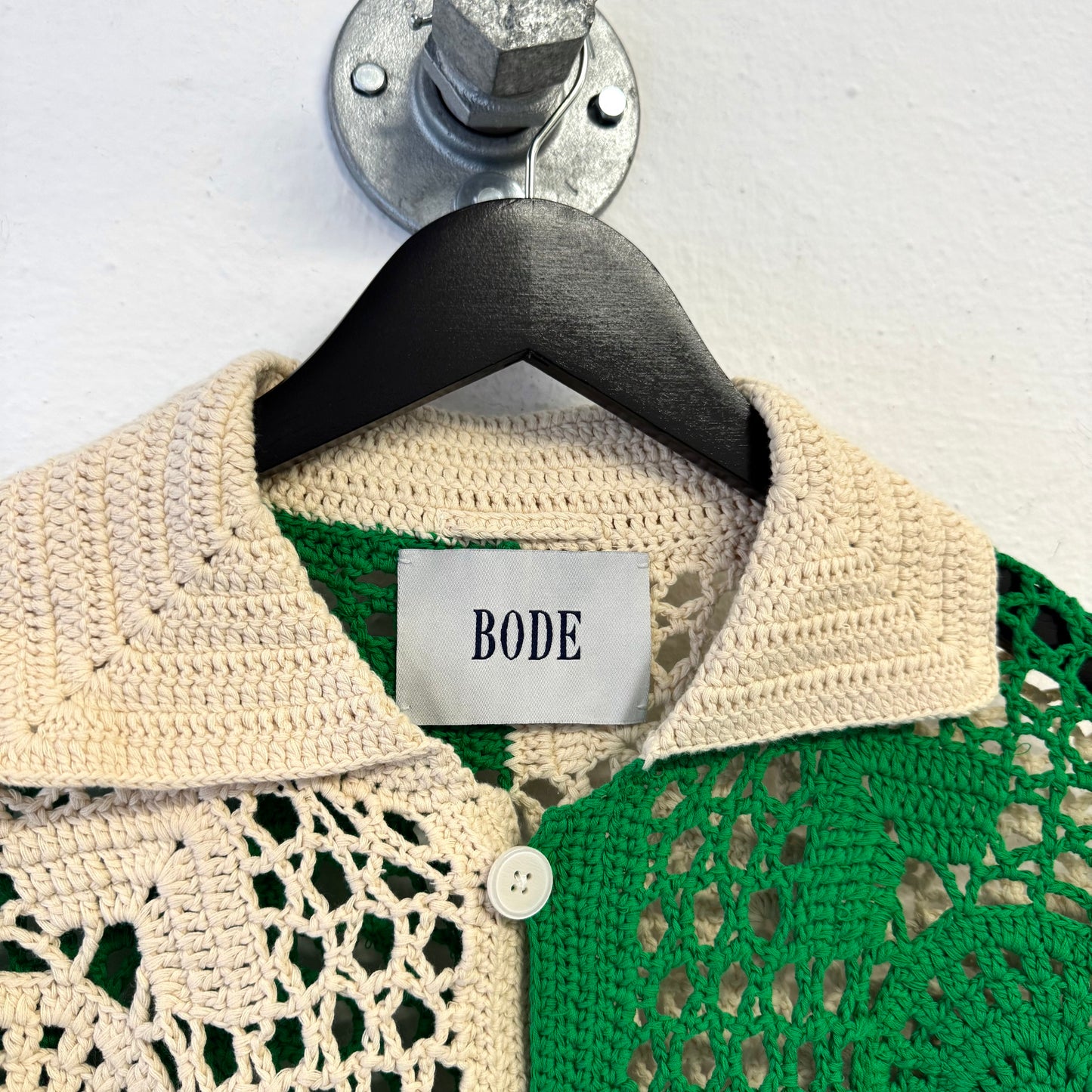 BODE Duotone Crochet Overshirt Green Cream M/L Knit Shirt