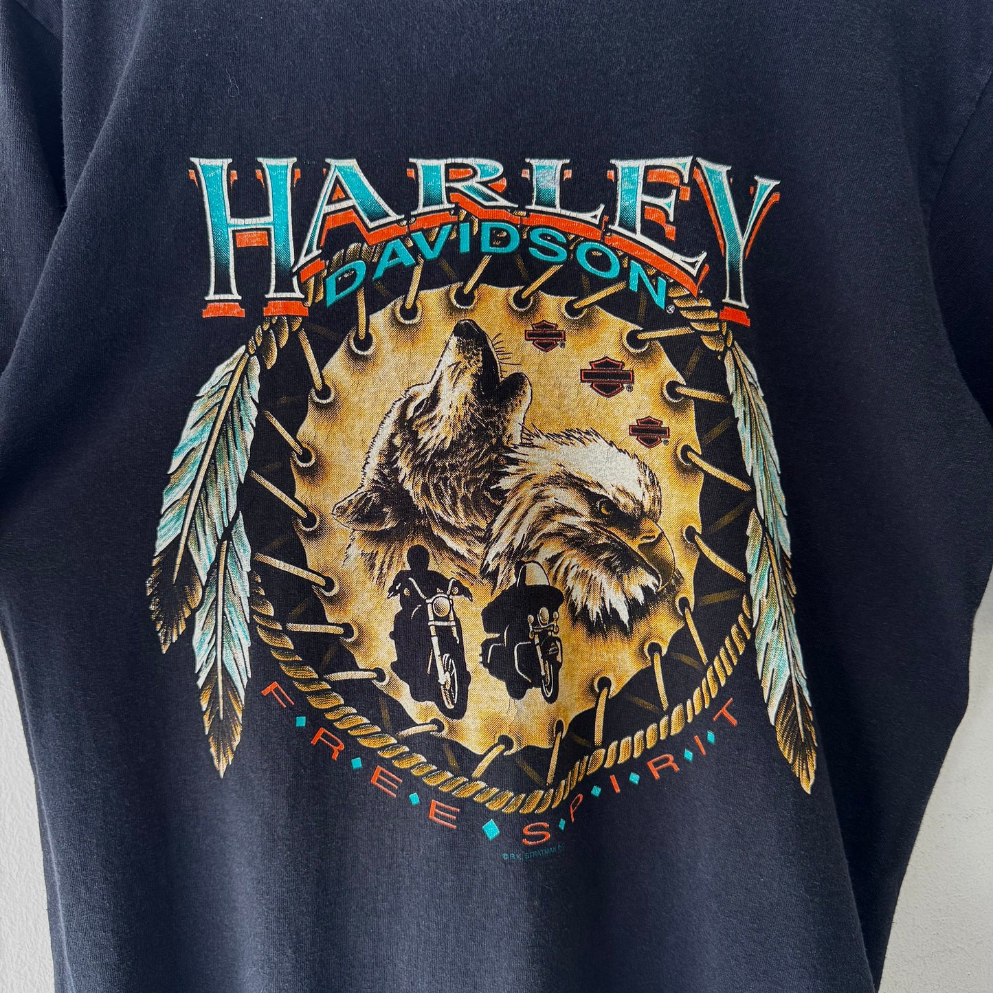HARLEY DAVIDSON 90s Single Stitch Stratman Ultraviolet Dreamcatcher Eagle Wolf TShirt