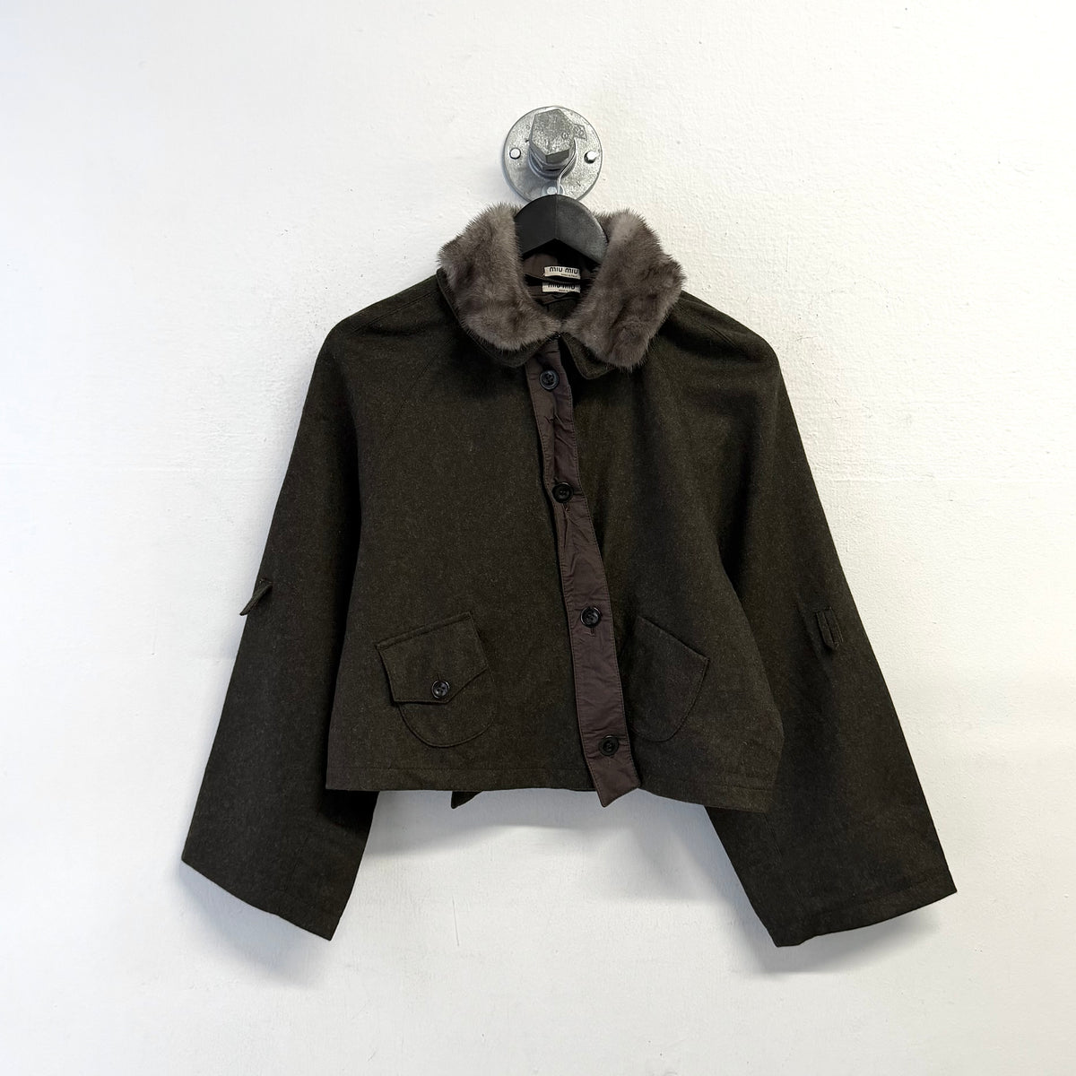 MIU MIU Asymmetric Cropped Wool Mink Collar Jacket
