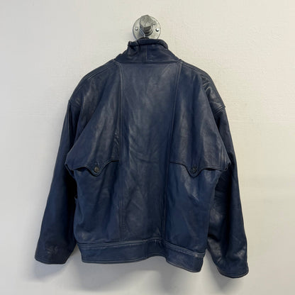VINTAGE 80s Blue Leather Bomber Jacket