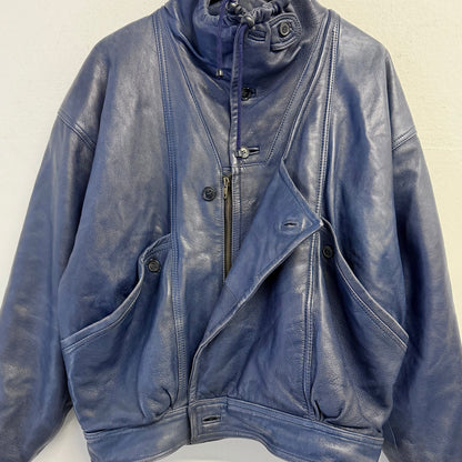 VINTAGE 80s Blue Leather Bomber Jacket