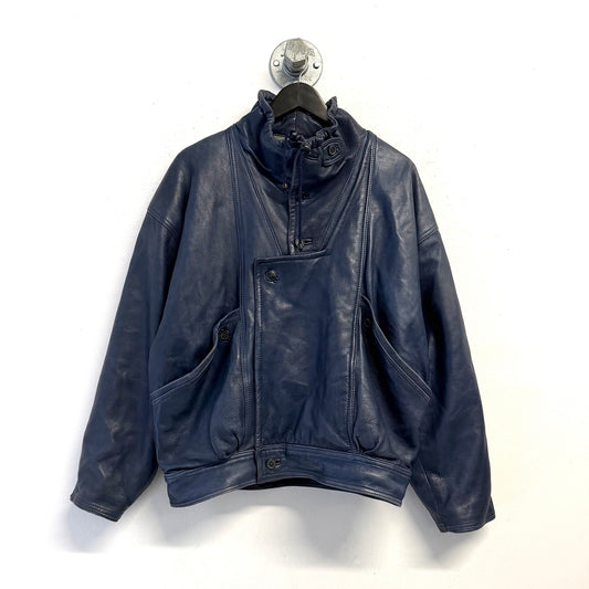 VINTAGE 80s Blue Leather Bomber Jacket